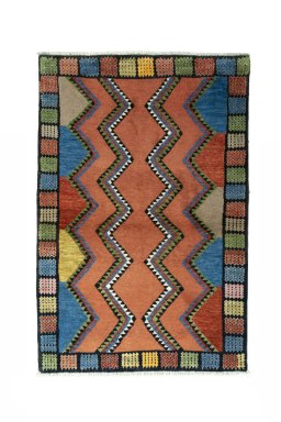 Full view of 2000s Persian Gabbeh rug from Iran / Persia, 156 × 104 cm in Multi Color tones