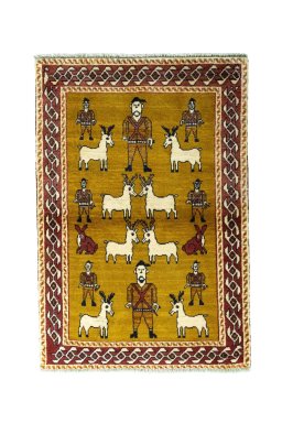 Full view of 2000s Persian Gabbeh rug from Iran / Persia, 151 × 101 cm in Yellow tones