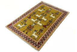 Corner detail of 2000s Persian Gabbeh rug showing border pattern and Wool pile