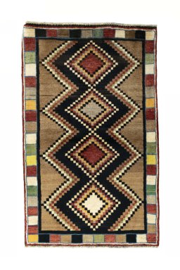 Full view of 2000s Persian Gabbeh rug from Iran / Persia, 165 × 101 cm in Multi Color tones