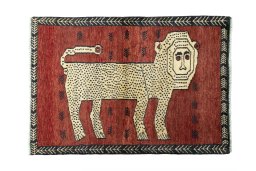 Full view of 2000s Persian Gabbeh rug from Iran / Persia, 141 × 98 cm in Red tones