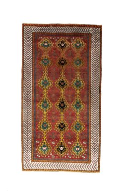 Full view of 2000s Persian Gabbeh rug from Iran / Persia, 231 × 124 cm in Red tones