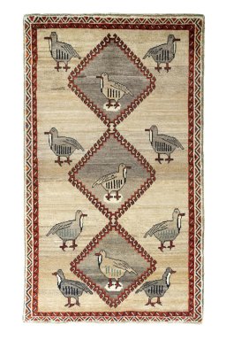 Full view of 2000s Persian Gabbeh rug from Iran / Persia, 202 × 117 cm in Beige tones