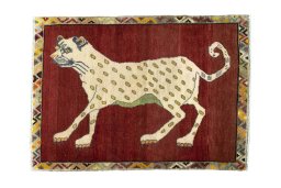 Full view of 2000s Persian Gabbeh rug from Iran / Persia, 116 × 83 cm in Red tones