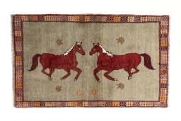 Full view of 2000s Persian Gabbeh rug from Iran / Persia, 171 × 102 cm in Gray tones