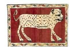 Full view of 2000s Persian Gabbeh rug from Iran / Persia, 146 × 102 cm in Red tones