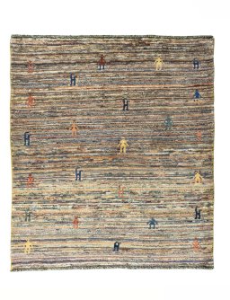 Full view of 2000s Persian Gabbeh rug from Iran / Persia, 138 × 121 cm in Multi Color tones
