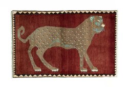 Full view of 2000s Persian Gabbeh rug from Iran / Persia, 144 × 93 cm in Red tones