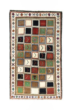 Full view of 2000s Persian Gabbeh rug from Iran / Persia, 220 × 130 cm in Multi Color tones