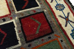 Full view of 2000s Persian Gabbeh rug from Iran / Persia, 220 × 130 cm in Multi Color tones