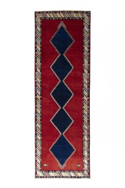 Full view of 2000s Persian Gabbeh rug from Iran / Persia, 307 × 102 cm in Red tones