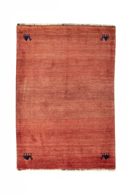 Full view of 2000s Persian Gabbeh rug from Iran / Persia, 158 × 109 cm in Red tones