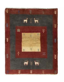 Full view of New Persian Gabbeh rug from Iran / Persia, 119 × 96 cm in Red tones