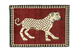 Full view of 2000s Persian Gabbeh rug from Iran / Persia, 118 × 85 cm in Red tones