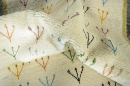 Corner detail of New Persian Gabbeh rug showing border pattern and Wool pile
