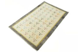 Corner detail of New Persian Gabbeh rug showing border pattern and Wool pile