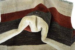 Corner detail of New Persian Gabbeh rug showing border pattern and Wool pile