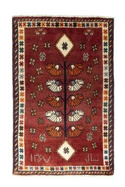 Full view of 2000s Persian Gabbeh rug from Iran / Persia, 145 × 92 cm in Red tones