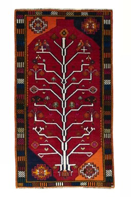 Full view of 2000s Persian Gabbeh rug from Iran / Persia, 203 × 115 cm in Red tones