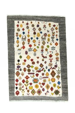 Full view of 2000s Persian Gabbeh rug from Iran / Persia, 144 × 100 cm in Beige tones