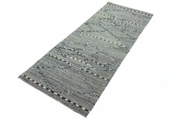 Corner detail of New Persian Gabbeh rug showing border pattern and Wool pile