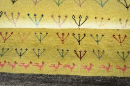 Full view of 2000s Persian Gabbeh rug from Iran / Persia, 162 × 91 cm in Yellow tones