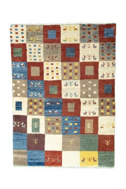 Full view of New Persian Gabbeh rug from Iran / Persia, 140 × 100 cm in Multi Color tones
