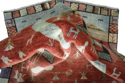 Corner detail of 2000s Persian Gabbeh rug showing border pattern and Wool pile