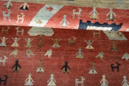 Full view of 2000s Persian Gabbeh rug from Iran / Persia, 135 × 98 cm in Multi Color tones