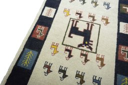 Backside of handmade New Persian Gabbeh rug showing knot structure and weave density