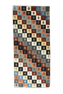 Full view of 2000s Persian Gabbeh rug from Iran / Persia, 181 × 81 cm in Multi Color tones