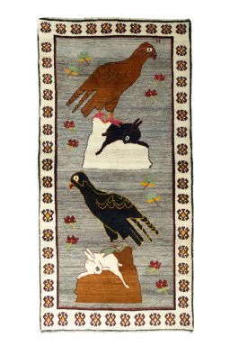 Full view of 2000s Persian Gabbeh rug from Iran / Persia, 221 × 110 cm in Gray tones