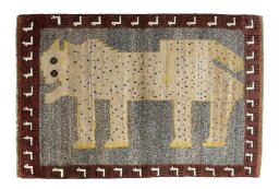Full view of 2000s Persian Gabbeh rug from Iran / Persia, 149 × 101 cm in Multi Color tones