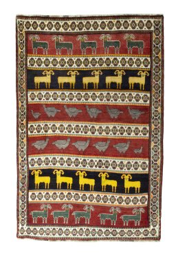 Full view of 2000s Persian Gabbeh rug from Iran / Persia, 235 × 154 cm in Multi Color tones