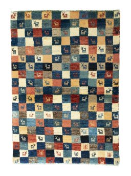 Full view of 2000s Persian Gabbeh rug from Iran / Persia, 146 × 103 cm in Multi Color tones