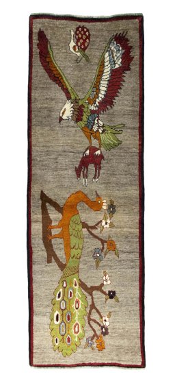 Full view of 2000s Persian Gabbeh rug from Iran / Persia, 261 × 87 cm in Gray tones