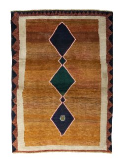 Full view of 2000s Persian Gabbeh rug from Iran / Persia, 158 × 115 cm in Yellow tones
