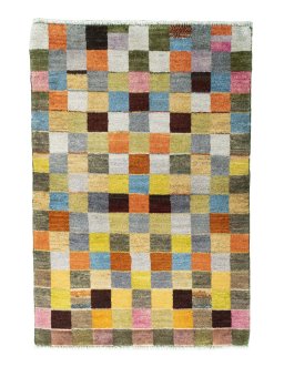 Full view of 2000s Persian Gabbeh rug from Iran / Persia, 141 × 96 cm in Multi Color tones