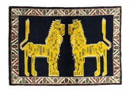 Full view of 2000s Persian Gabbeh rug from Iran / Persia, 149 × 105 cm in Blue tones