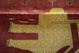Full view of 2000s Persian Gabbeh rug from Iran / Persia, 145 × 104 cm in Red tones