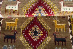 Full view of 2000s Persian Gabbeh rug from Iran / Persia, 148 × 96 cm in Beige tones