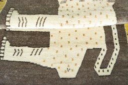 Full view of 2000s Persian Gabbeh rug from Iran / Persia, 153 × 102 cm in Gray tones
