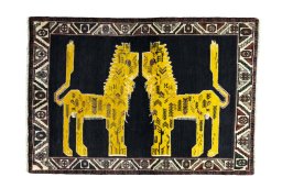 Full view of 2000s Persian Gabbeh rug from Iran / Persia, 151 × 104 cm in Blue tones