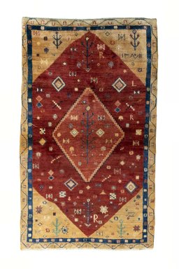 Full view of 2000s Persian Gabbeh rug from Iran / Persia, 199 × 118 cm in Red tones
