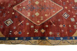 Full view of 2000s Persian Gabbeh rug from Iran / Persia, 199 × 118 cm in Red tones