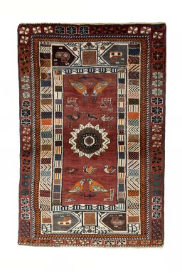 Full view of 2000s Persian Gabbeh rug from Iran / Persia, 161 × 106 cm in Red tones