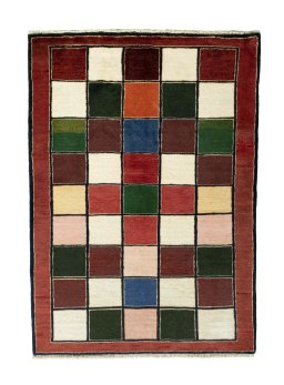 Full view of 2000s Persian Gabbeh rug from Iran / Persia, 145 × 102 cm in Multi Color tones