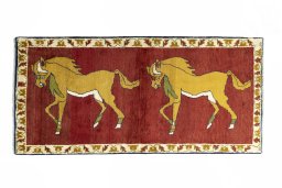 Full view of 2000s Persian Gabbeh rug from Iran / Persia, 181 × 87 cm in Red tones