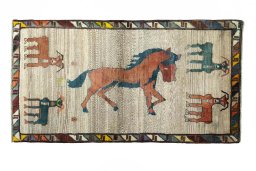 Full view of 2000s Persian Gabbeh rug from Iran / Persia, 184 × 99 cm in Gray tones