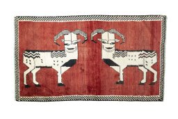 Full view of 2000s Persian Gabbeh rug from Iran / Persia, 189 × 107 cm in Red tones